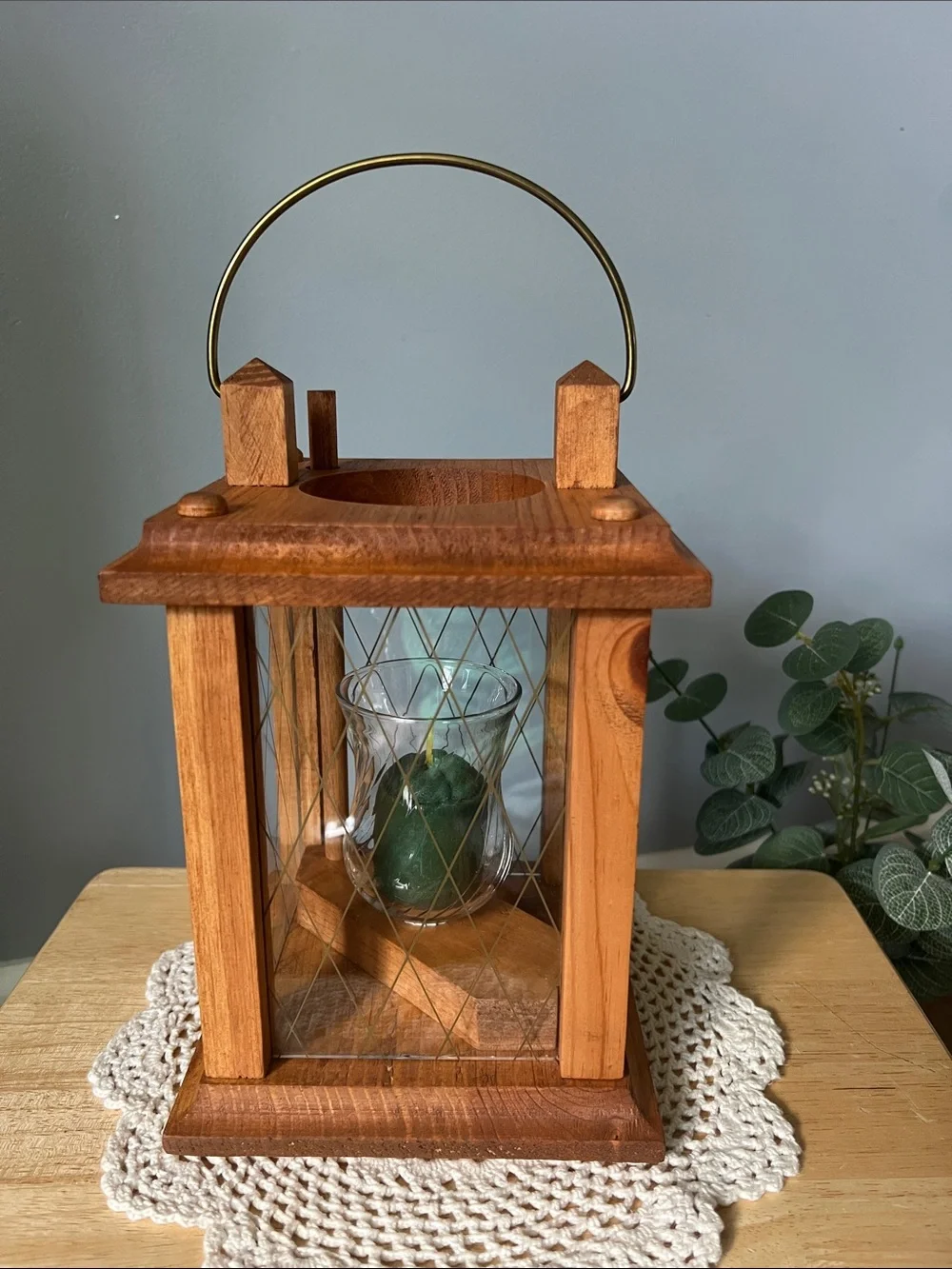 Rustic Wooden Lantern W/ Handle- Natural Brown 1980s Handmade
